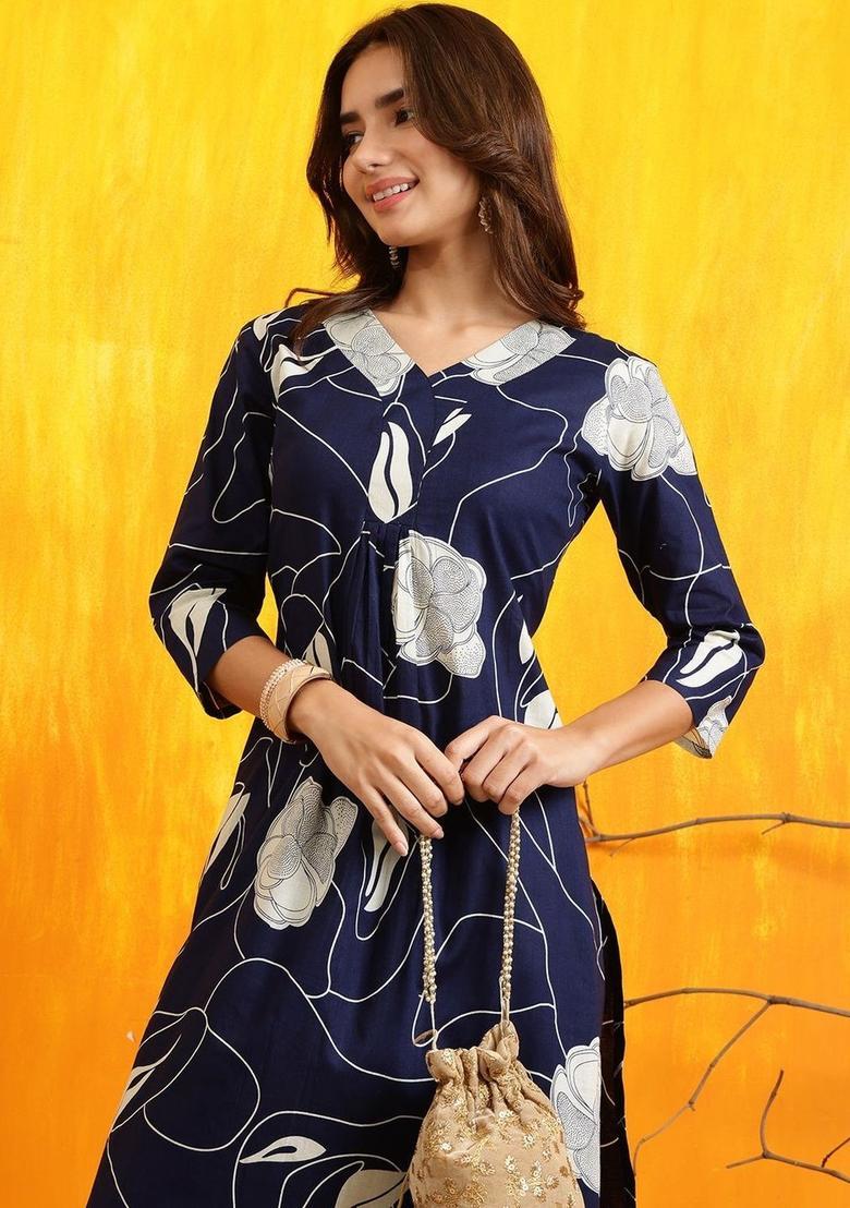 Navy Blue Printed Cotton Kurta Set - Indya