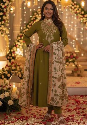 Olive Embroidered Viscose Kurta Set