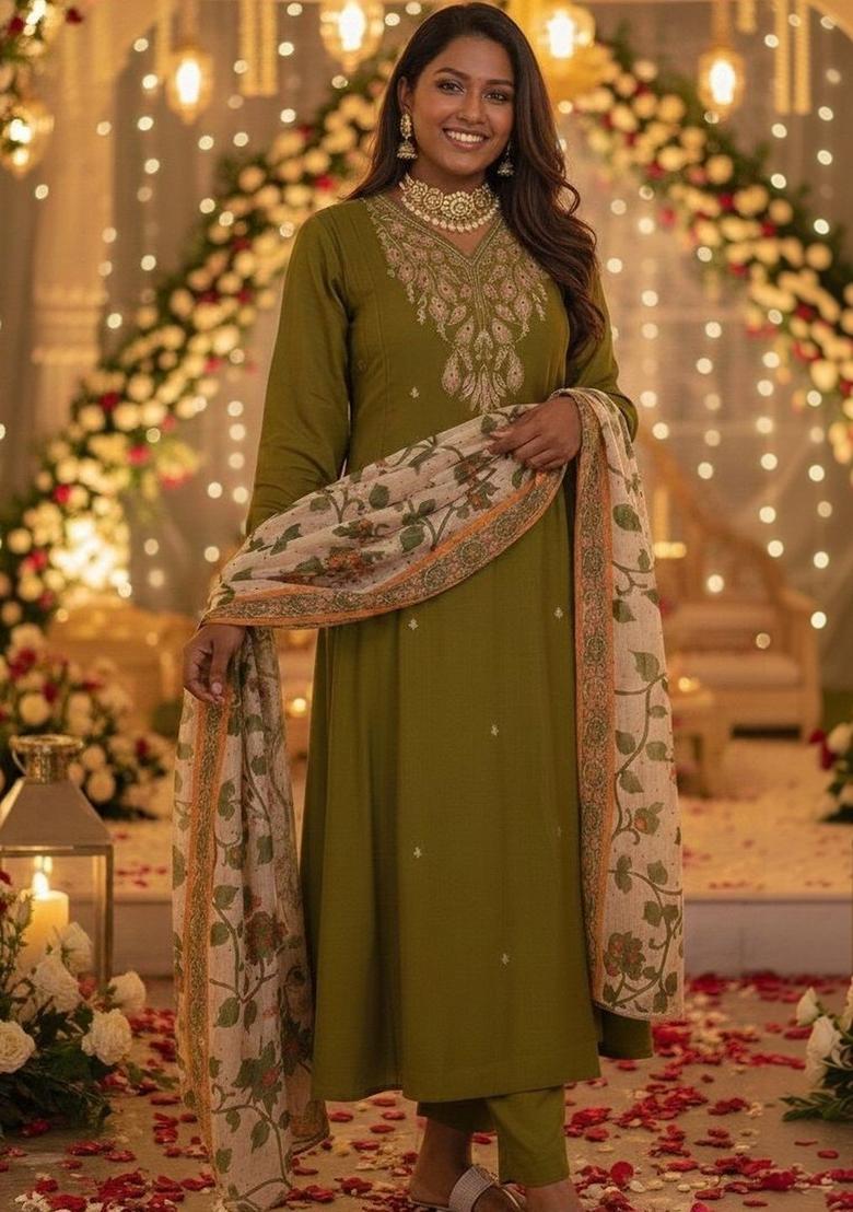 Olive Embroidered Viscose Kurta Set - Indya