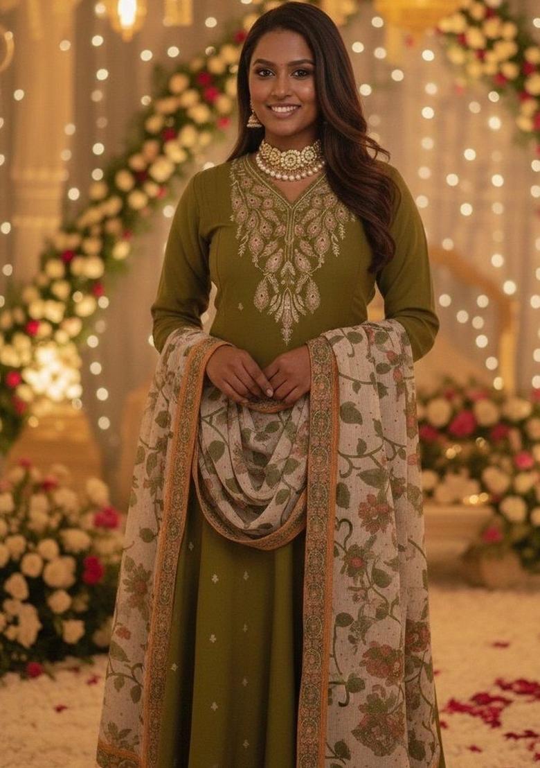 Olive Embroidered Viscose Kurta Set - Indya