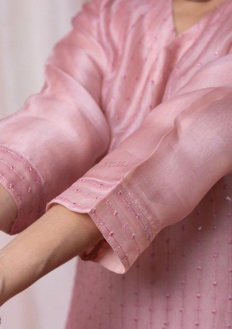 Peach Embroidered Viscose Kurta Set - Indya