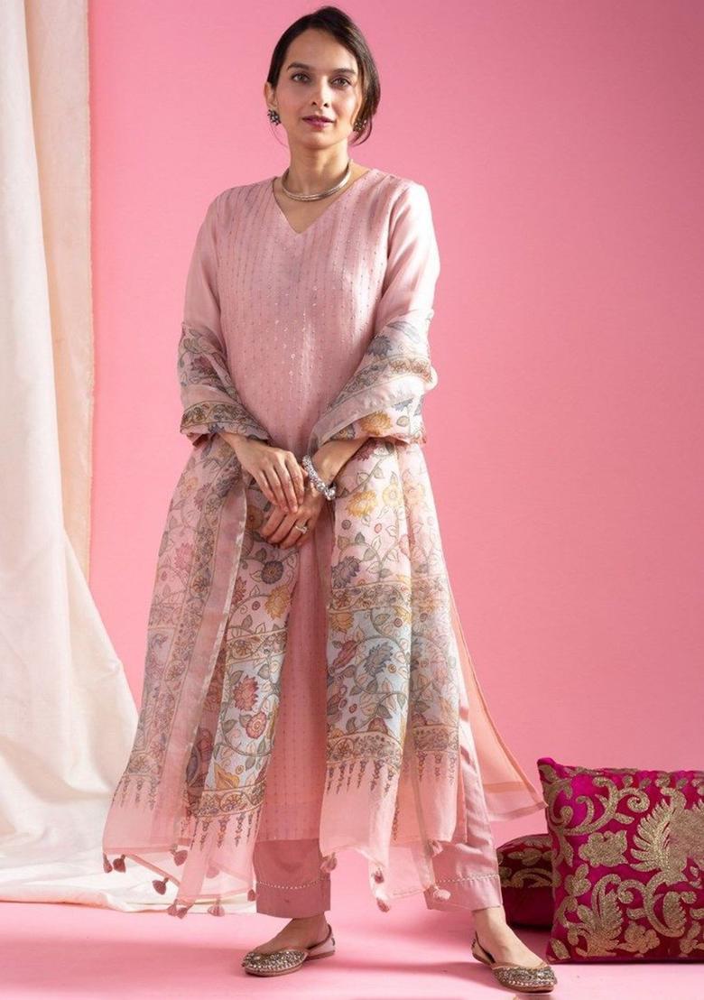 Peach Embroidered Viscose Kurta Set - Indya