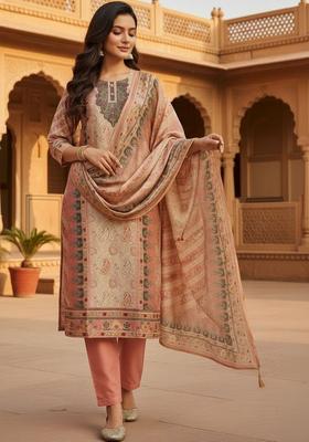 Peach Self Design Silk Kurta Set