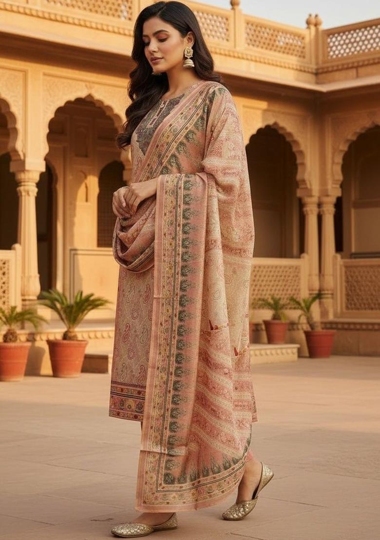 Peach Self Design Silk Kurta Set - Indya