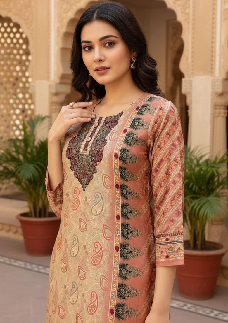Peach Self Design Silk Kurta Set - Indya