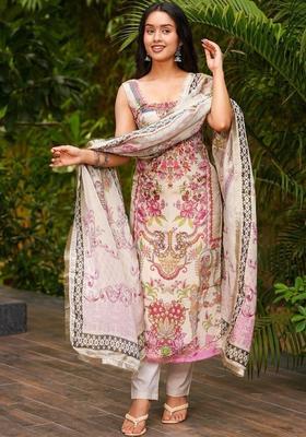 Cream Printed Silk Kurta Set