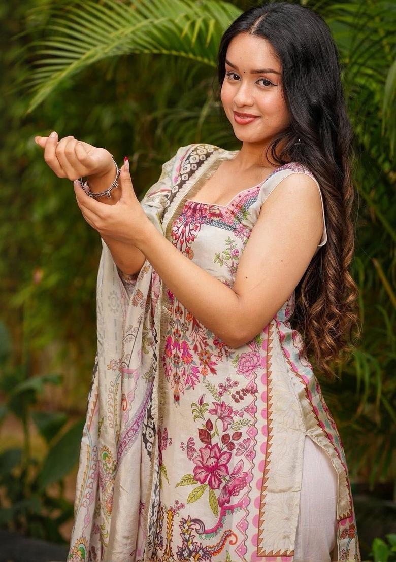 Cream Printed Silk Kurta Set - Indya