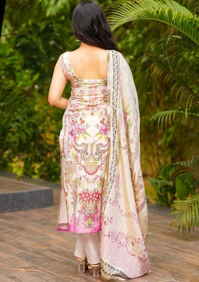 Cream Printed Silk Kurta Set - Indya