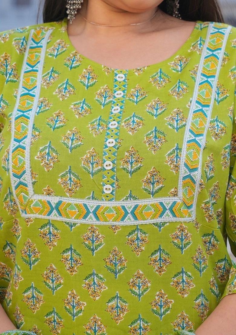 Green Printed Viscose Kurta Set - Indya