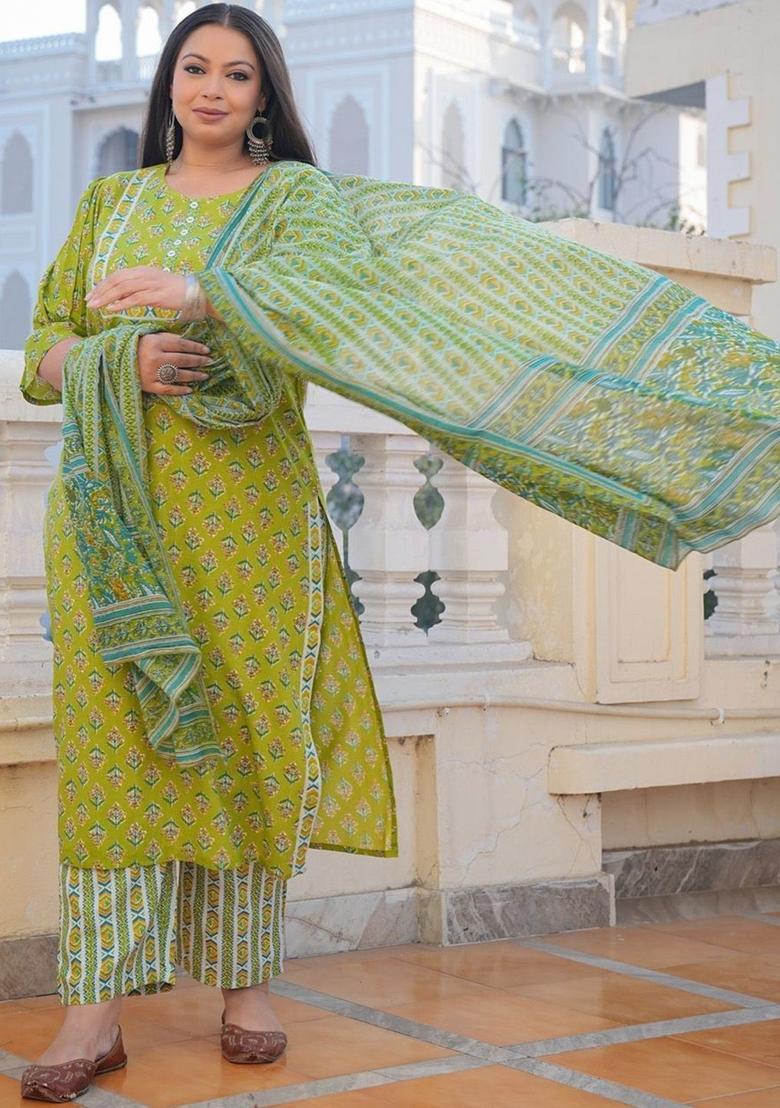 Green Printed Viscose Kurta Set - Indya