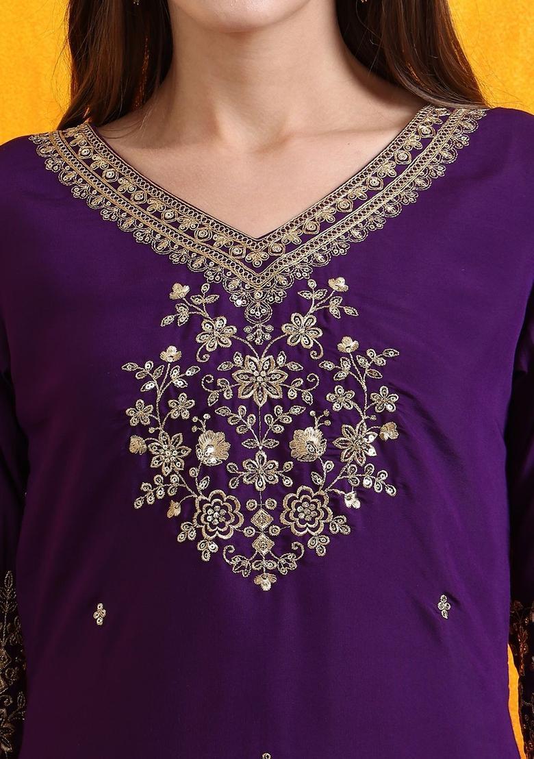Purple Embroidered Cotton Kurta Set - Indya