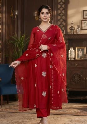 Red Embroidered Viscose Kurta Set