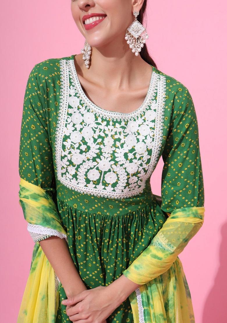 Green Printed Viscose Anarkali Set - Indya