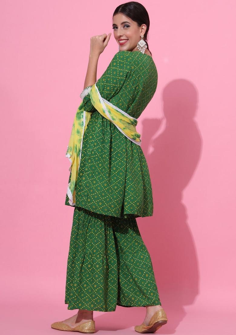 Green Printed Viscose Anarkali Set - Indya