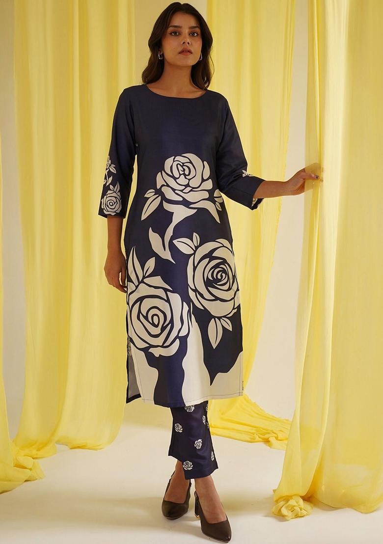 Navy Blue Printed Cotton Kurta Set - Indya