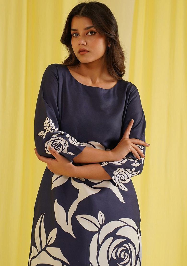 Navy Blue Printed Cotton Kurta Set - Indya