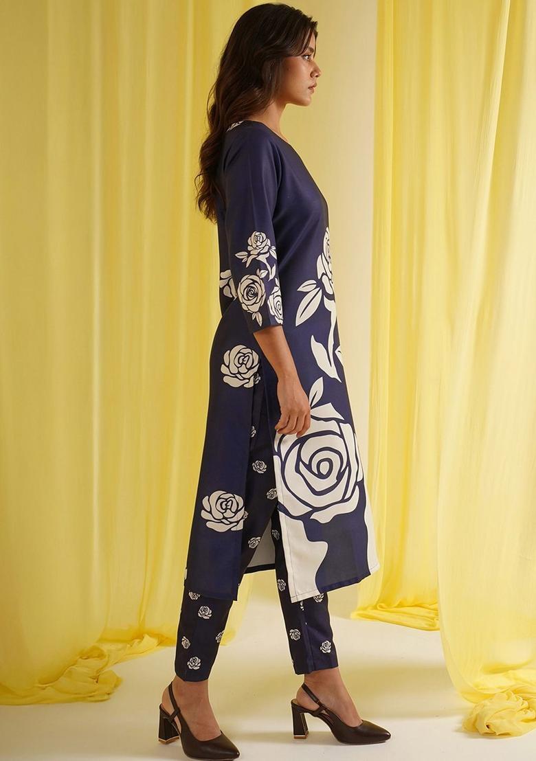 Navy Blue Printed Cotton Kurta Set - Indya