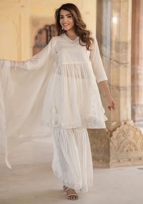Off White Embroidered Cotton Kurta Set