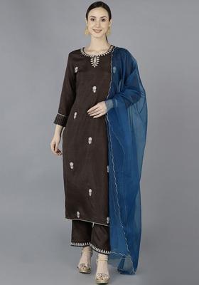 Brown Embroidered Silk Kurta Set