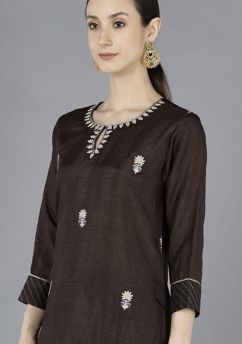Brown Embroidered Silk Kurta Set - Indya