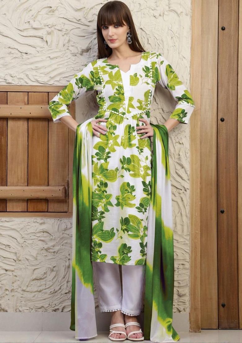 Green Printed Cotton Kurta Set - Indya