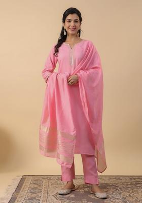 Pink Solid Cotton Kurta Set