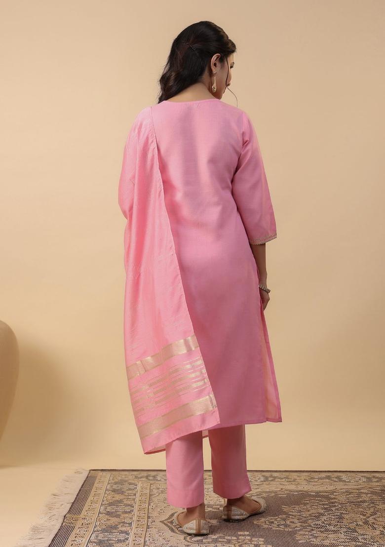 Pink Solid Cotton Kurta Set - Indya