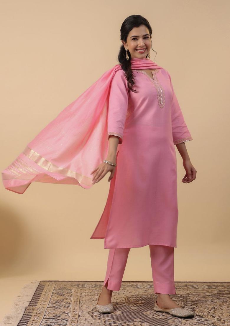 Pink Solid Cotton Kurta Set - Indya