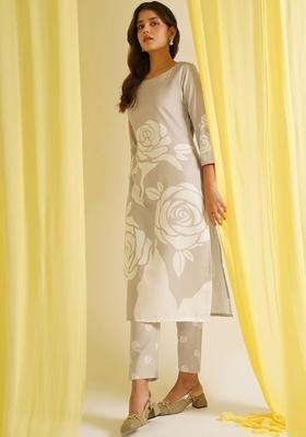 Cream Printed Cotton Kurta Set
