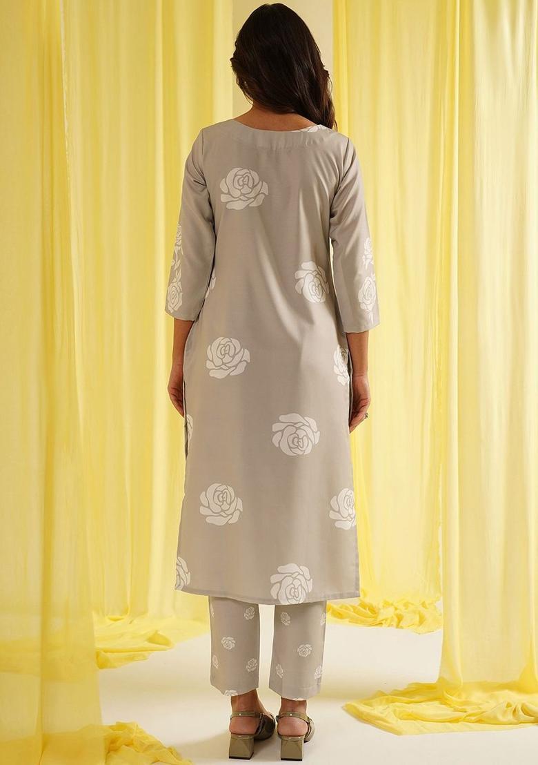 Cream Printed Cotton Kurta Set - Indya