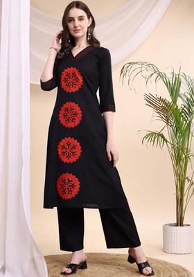 Black Embroidered Cotton Kurta Set