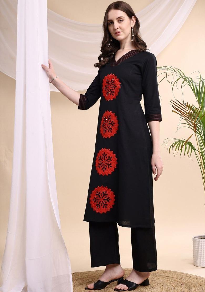 Black Embroidered Cotton Kurta Set - Indya