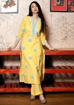 Mustard Printed Viscose Kurta Set