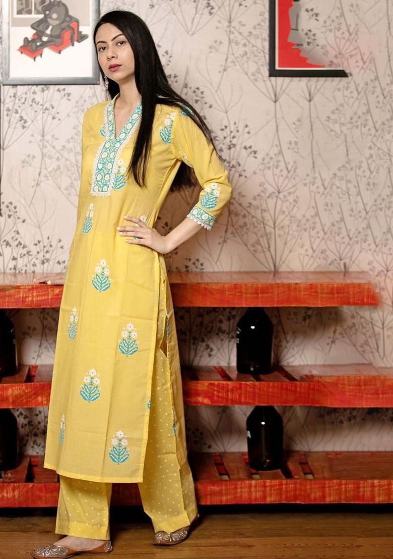 Mustard Printed Viscose Kurta Set - Indya