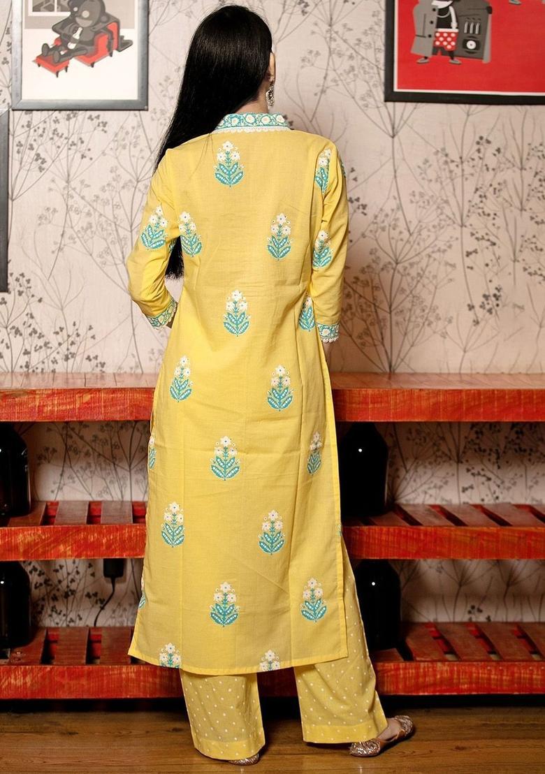 Mustard Printed Viscose Kurta Set - Indya