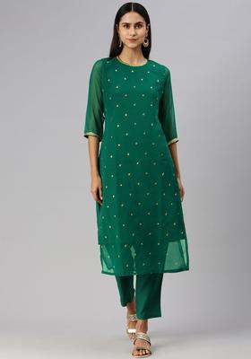 Green Embroidered Georgette Kurta Set