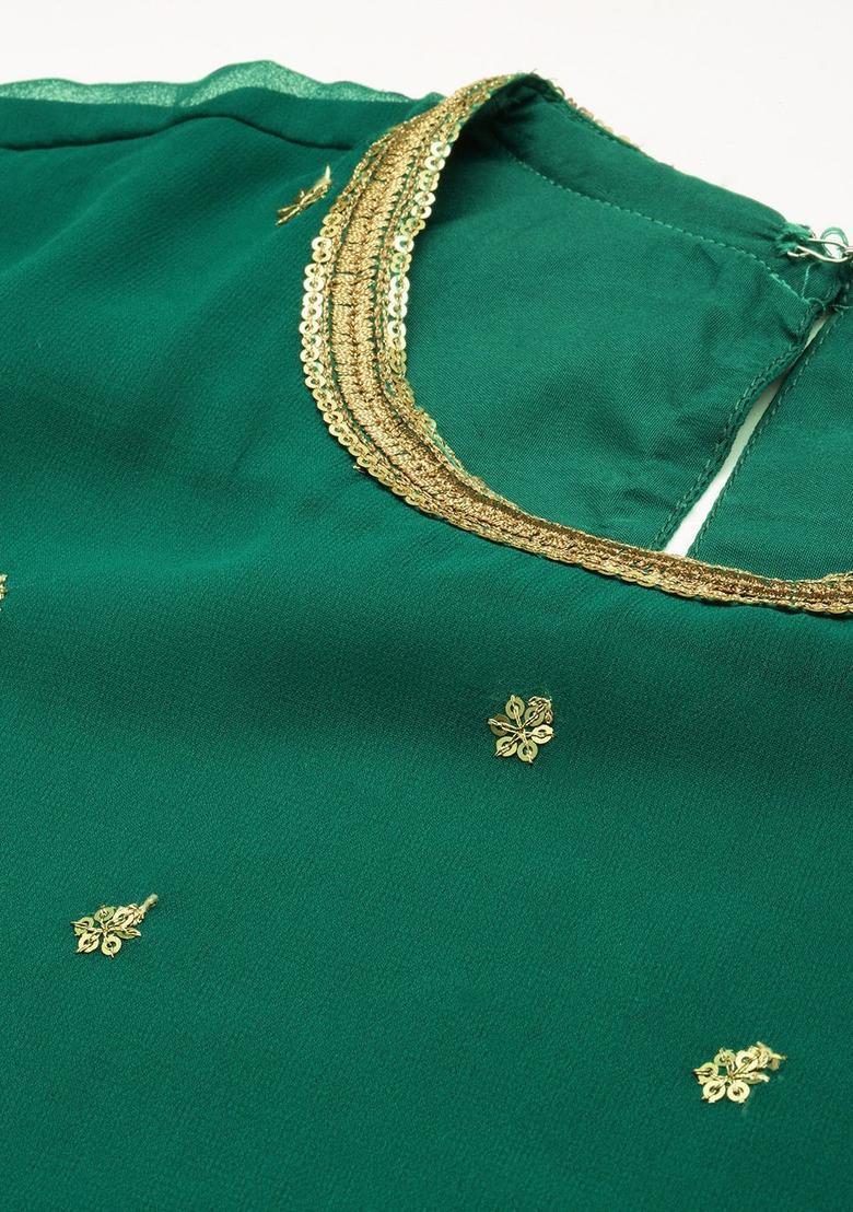 Green Embroidered Georgette Kurta Set - Indya