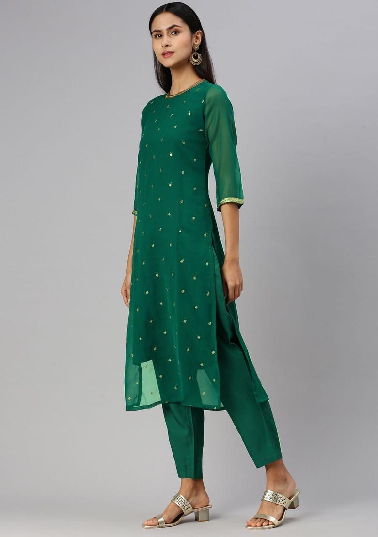 Green Embroidered Georgette Kurta Set - Indya