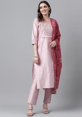 Rose Gold Embroidered Silk Blend Kurta Set
