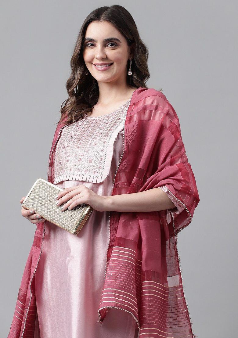 Rose Gold Embroidered Silk Kurta Set - Indya