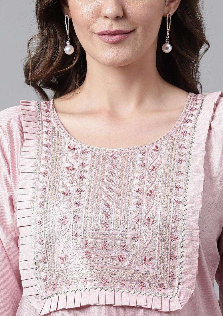 Rose Gold Embroidered Silk Blend Kurta Set - Indya
