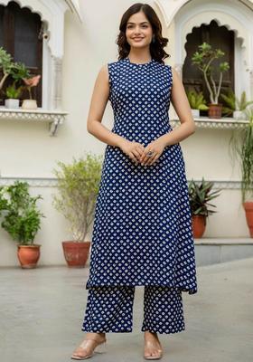 Navy Blue Printed Viscose Kurta Set