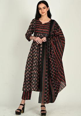 Black Printed Cotton Kurta Set