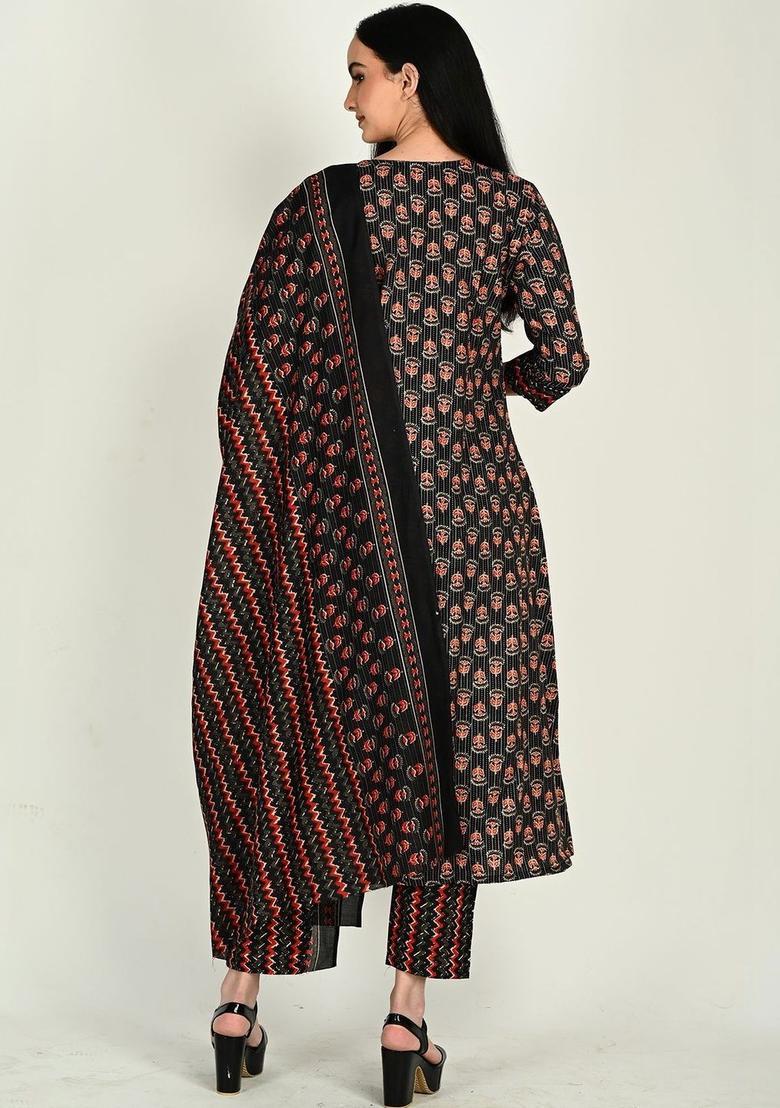Black Printed Cotton Kurta Set - Indya