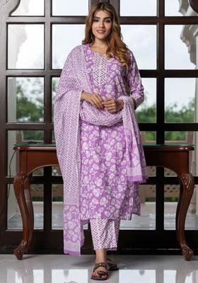 Purple Printed Cotton Kurta Set