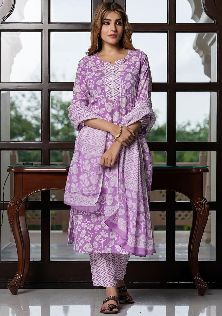 Purple Printed Cotton Kurta Set - Indya