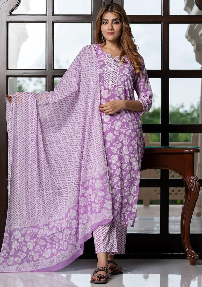 Purple Printed Cotton Kurta Set - Indya