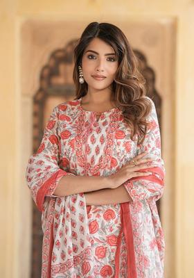 Peach Printed Cotton Kurta Set