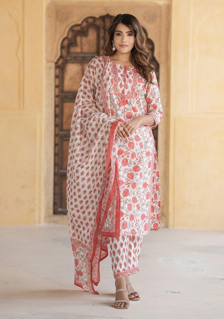 Peach Printed Cotton Kurta Set - Indya