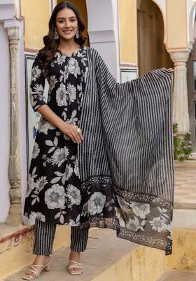 Black Printed Cotton Kurta Set